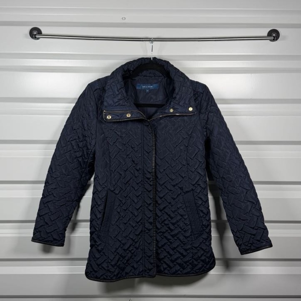 Cole Haan Womens Navy Blue Quilted Jacket Faux Leather Trim‎ Gold Hardware Small
